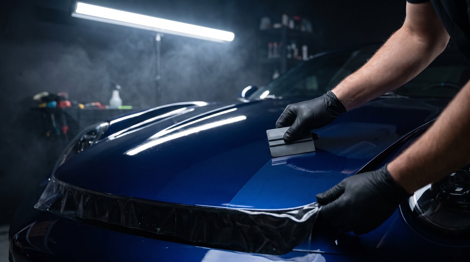Clear paint protection film being smoothed onto a midnight blue hood